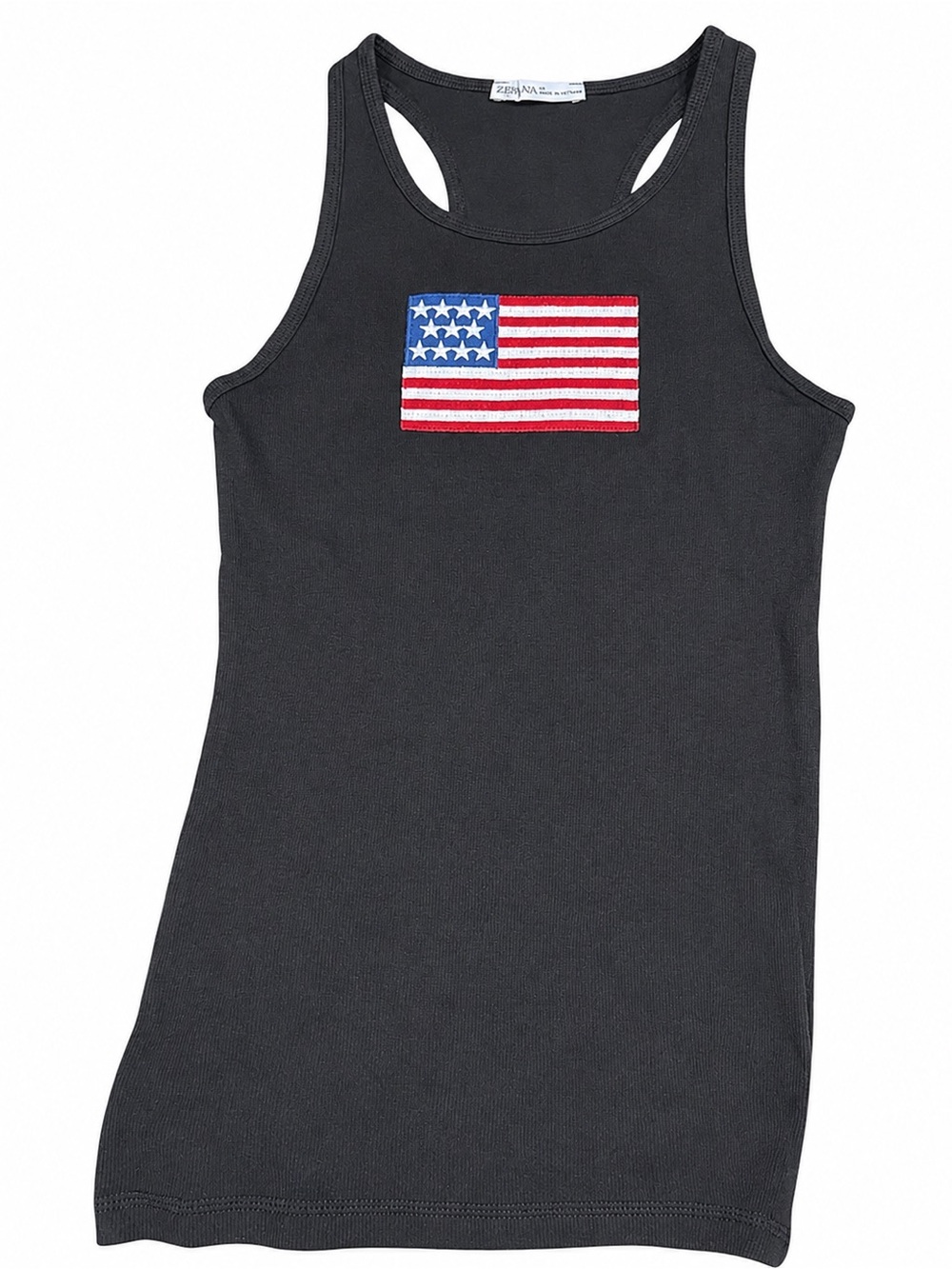Zenana Outfitters Embroidered American Flag Racerback Tank Top Black Patriotic - Picture 3 of 7